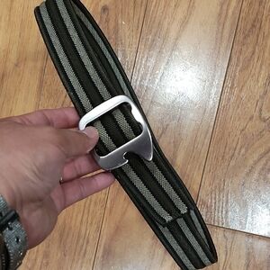 Men's Olive and Black Striped Webbing Belt with Brushed Silver Buckle